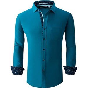 Mens Dress Shirt Wrinkle Free Regular Fit 4-Way Stretch Green